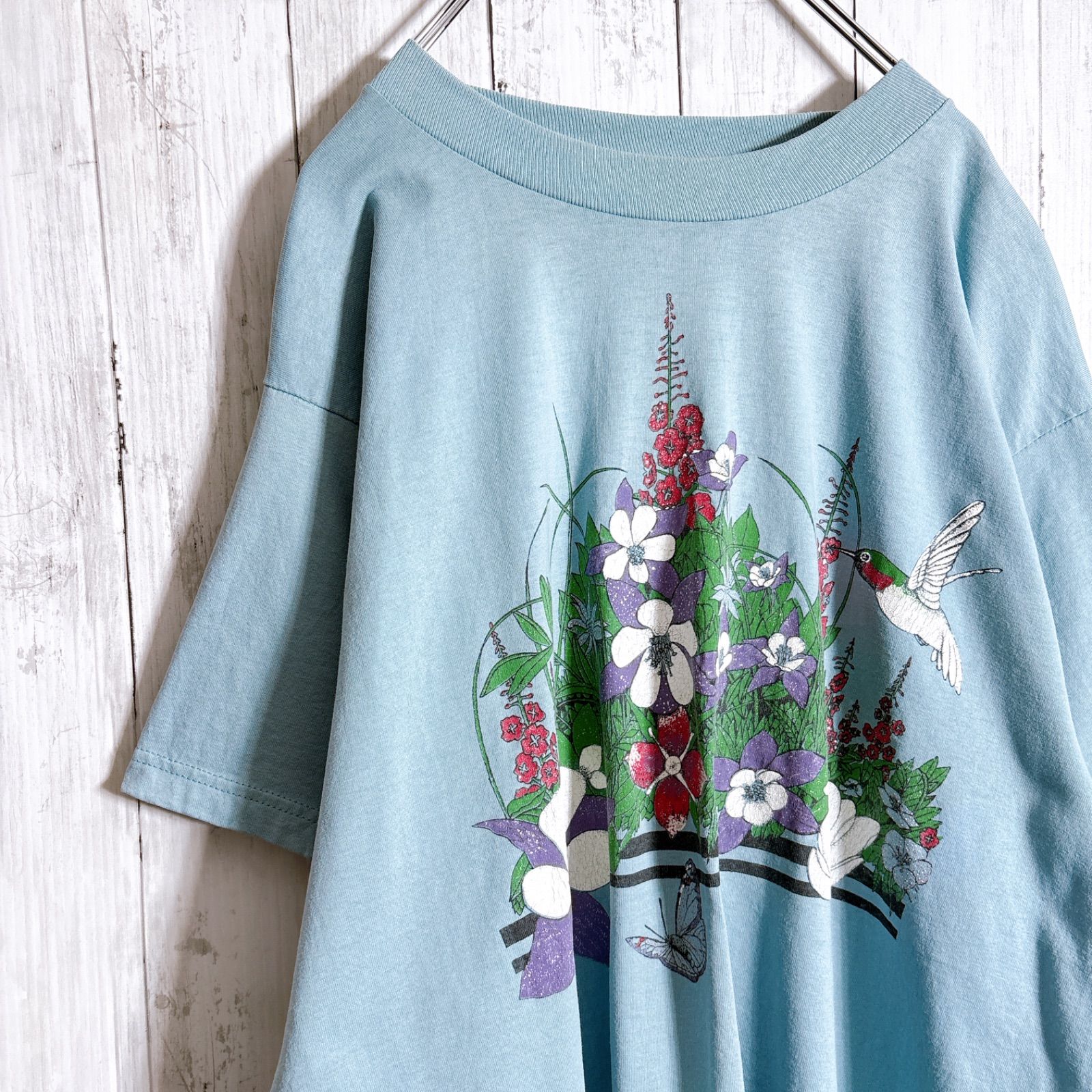 【まとめ購入大歓迎】90s USA 古着 Vintage フローラル 話 アニマル 鳥 動物 ウォッシュブルー 半袖Tシャツ #764