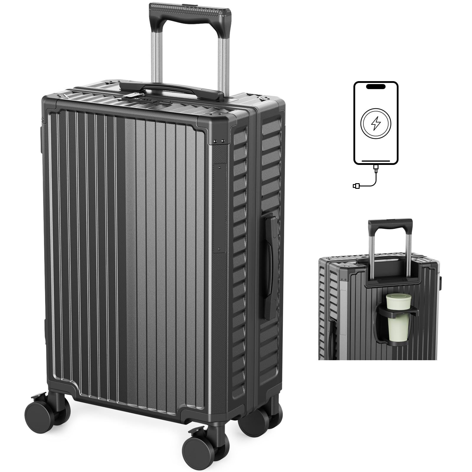 【人気商品】[Soralifer] スーツケース 機内持ち込み キャリーケース キャリーバッグ ストッパー付き静音キャスター USBポート付き ドリンクホルダー付き 物掛けフック 多機能スーツケース 軽量 静音 ファスナータイプ 旅行 ビジネス 出張 (ブラッ