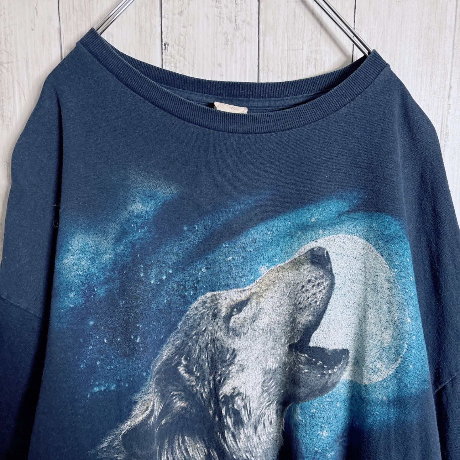 入手困難】00s Vintage 古着 ウルフ 狼 ネイビー 半袖Tシャツ #1047 