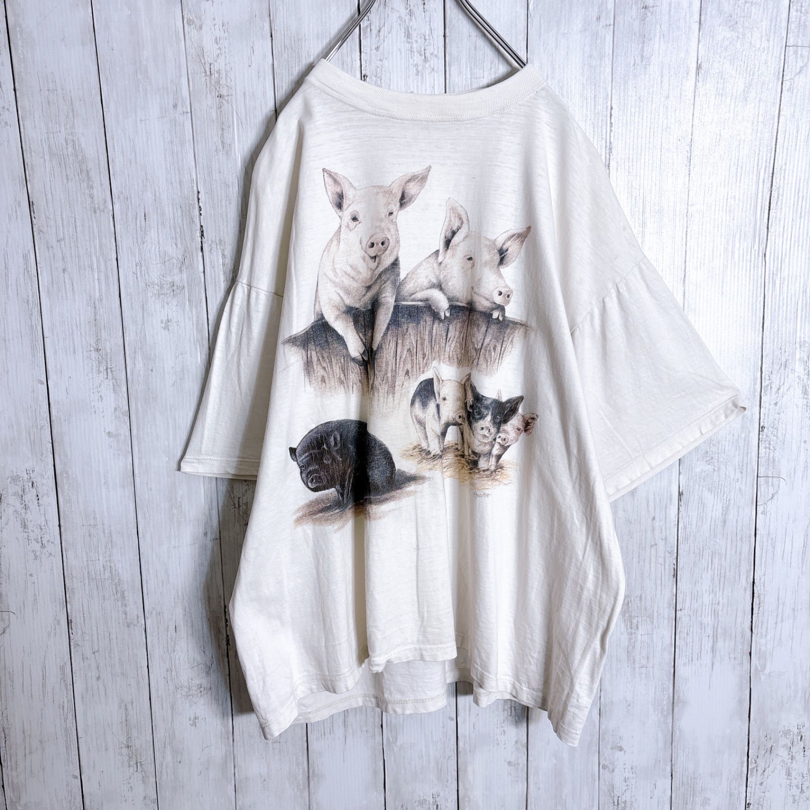 入手困難】90s Vintage 古着 デカロゴ 豚 ブタ 動物 半袖Tシャツ