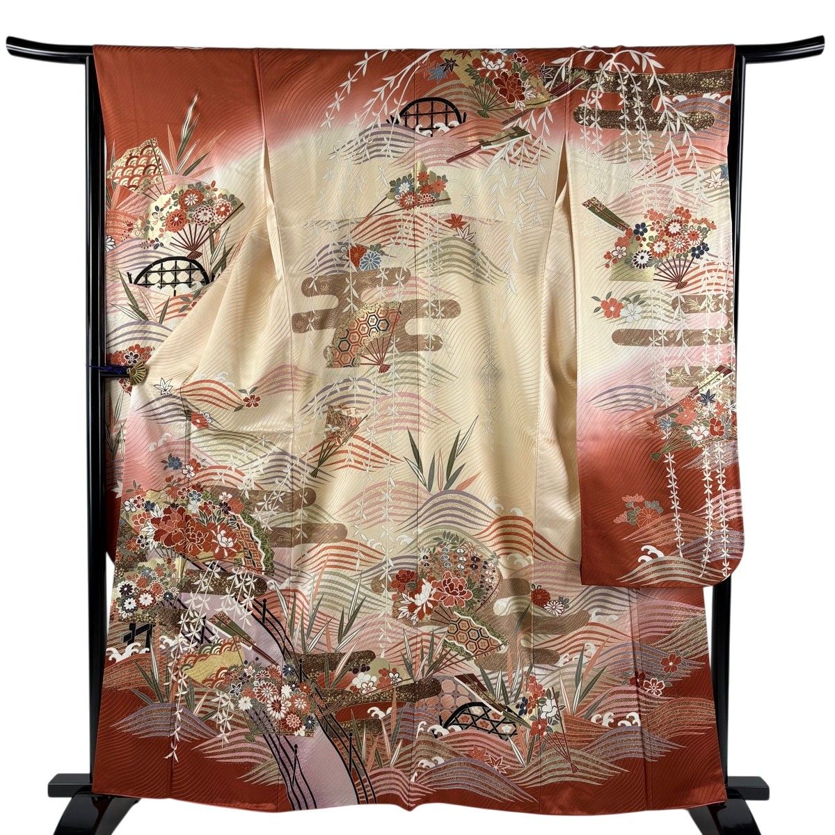 振袖 美品 秀品 身丈161cm 裄丈63cm 正絹 【中古】 振袖 身丈161cm 裄丈67cm M 袷 鈴乃屋 鈴 桜 銀通し 金彩 黒 正絹 名品