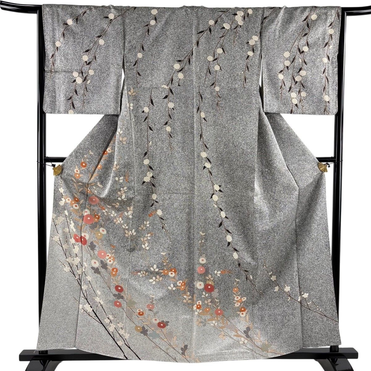 訪問着 身丈160.5cm 裄丈65.5cm M 袷 菊 枝梅 金彩 ぼかし 黒灰 正絹