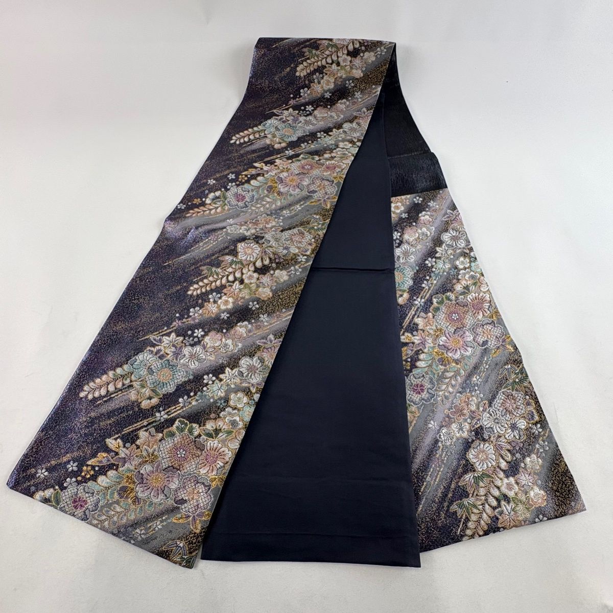 美品】 袋帯 秀品 やまと 桜 梅 箔 金糸 灰紫 六通 正絹 【中古