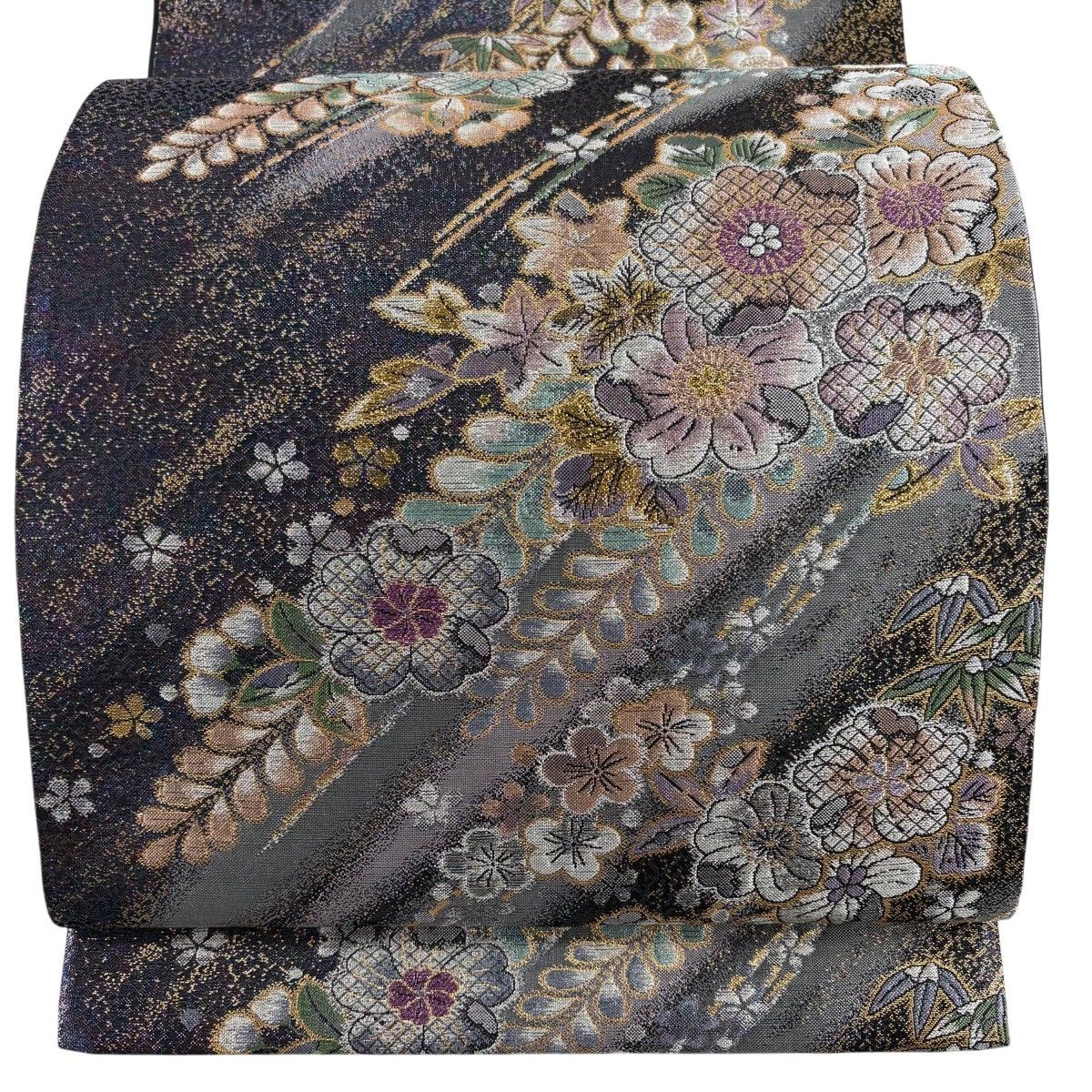 美品】 袋帯 秀品 やまと 桜 梅 箔 金糸 灰紫 六通 正絹 【中古