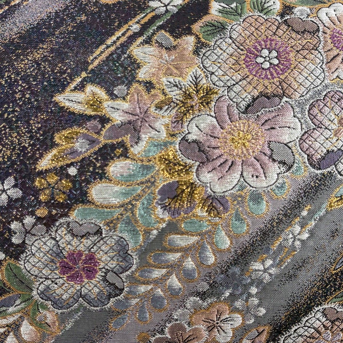 美品】 袋帯 秀品 やまと 桜 梅 箔 金糸 灰紫 六通 正絹 【中古