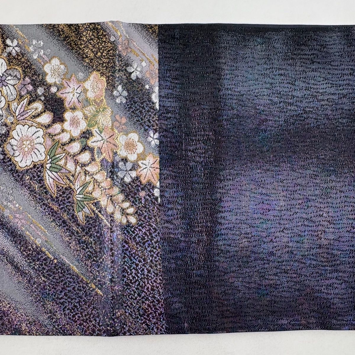 袋帯 やまと 桜 箔 金糸 紫 六通 正絹 美品】 袋帯 秀品 やまと 桜 梅 箔 金糸 灰紫 六通 正絹 【中古