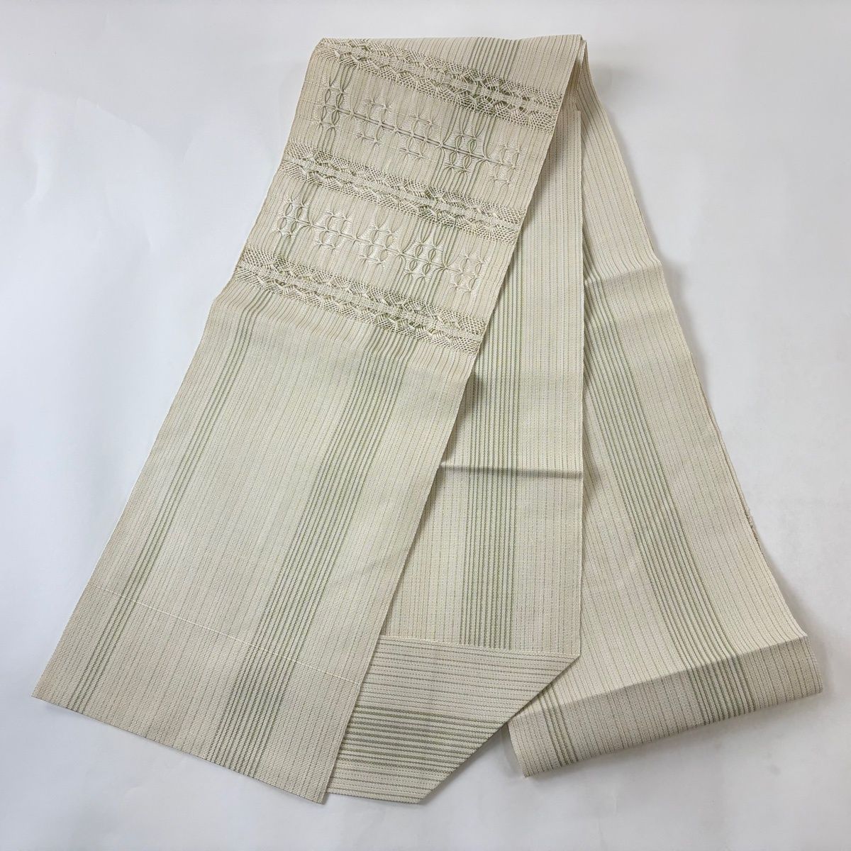 美品】 名古屋帯 秀品 八寸名古屋帯 松葉仕立て 幾何学 縞 金糸