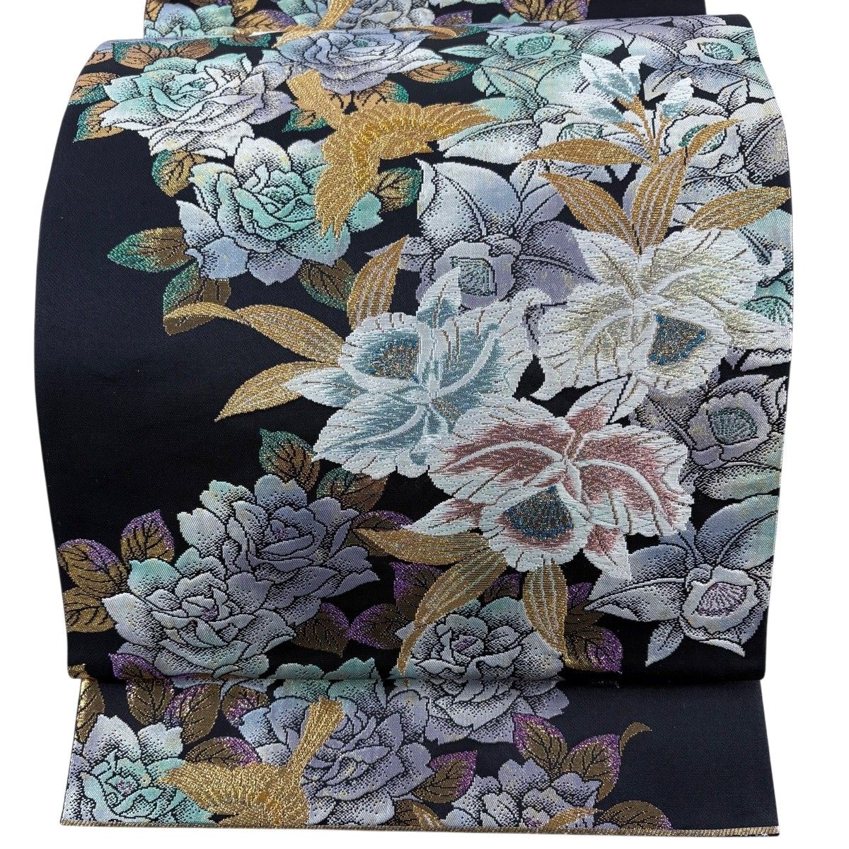 袋帯 美品 名品 草花 鳥 金銀糸 黒 六通 正絹 【中古】 袋帯 美品 秀品 