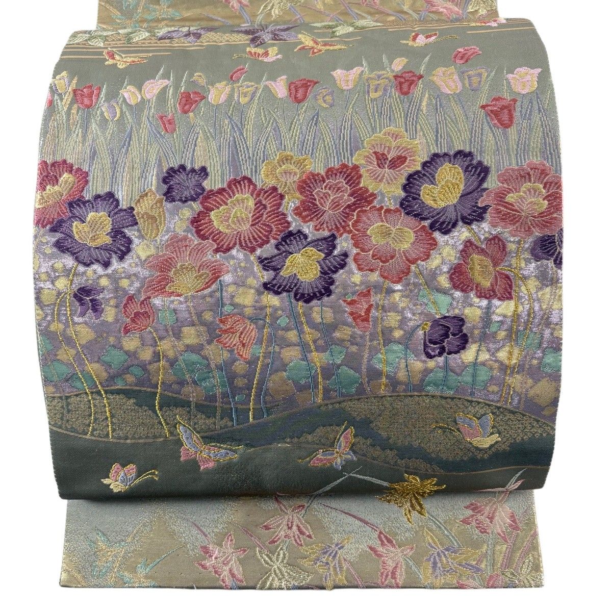 袋帯 美品 名品 草花 鳥 金銀糸 箔 灰紫 お太鼓柄 正絹 【中古