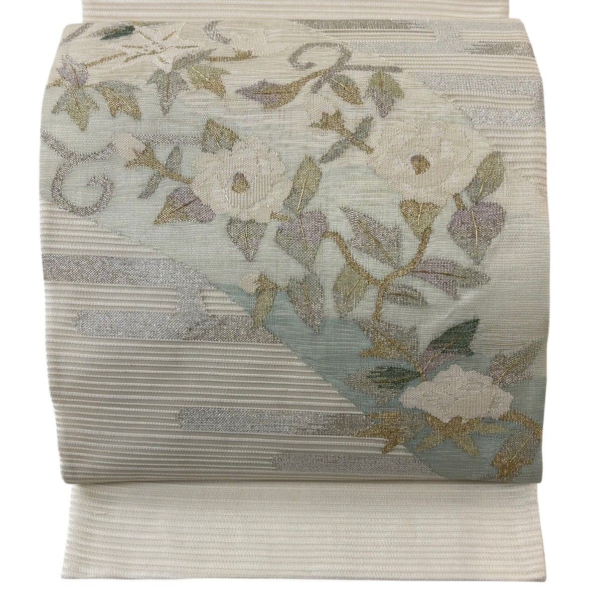 美品】 袋帯 秀品 夏帯 草花 ヱ霞 金銀糸 クリーム お太鼓柄 正絹