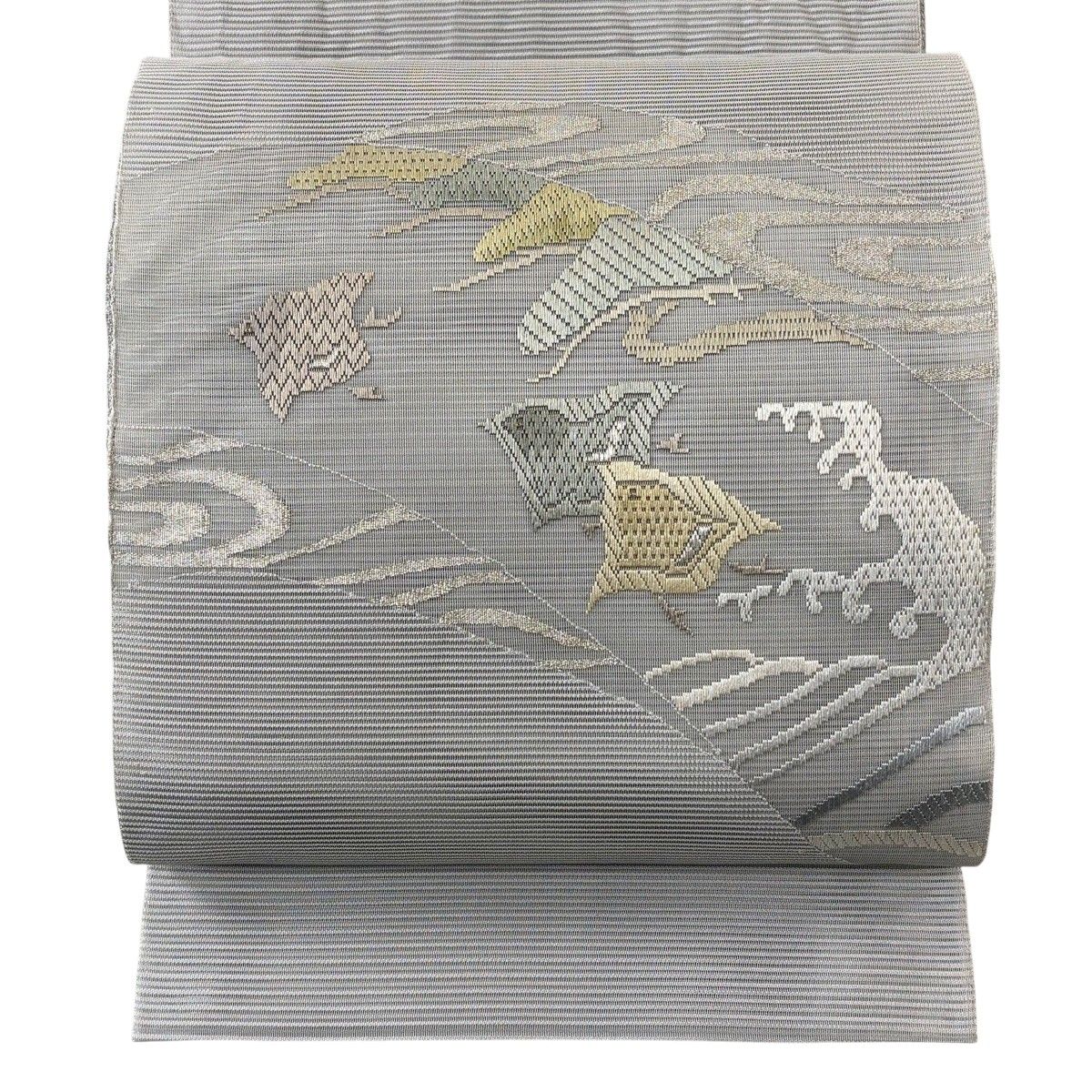 袋帯 秀品 夏帯 絽 千鳥 波 銀糸 青灰色 お太鼓柄 正絹 【中古