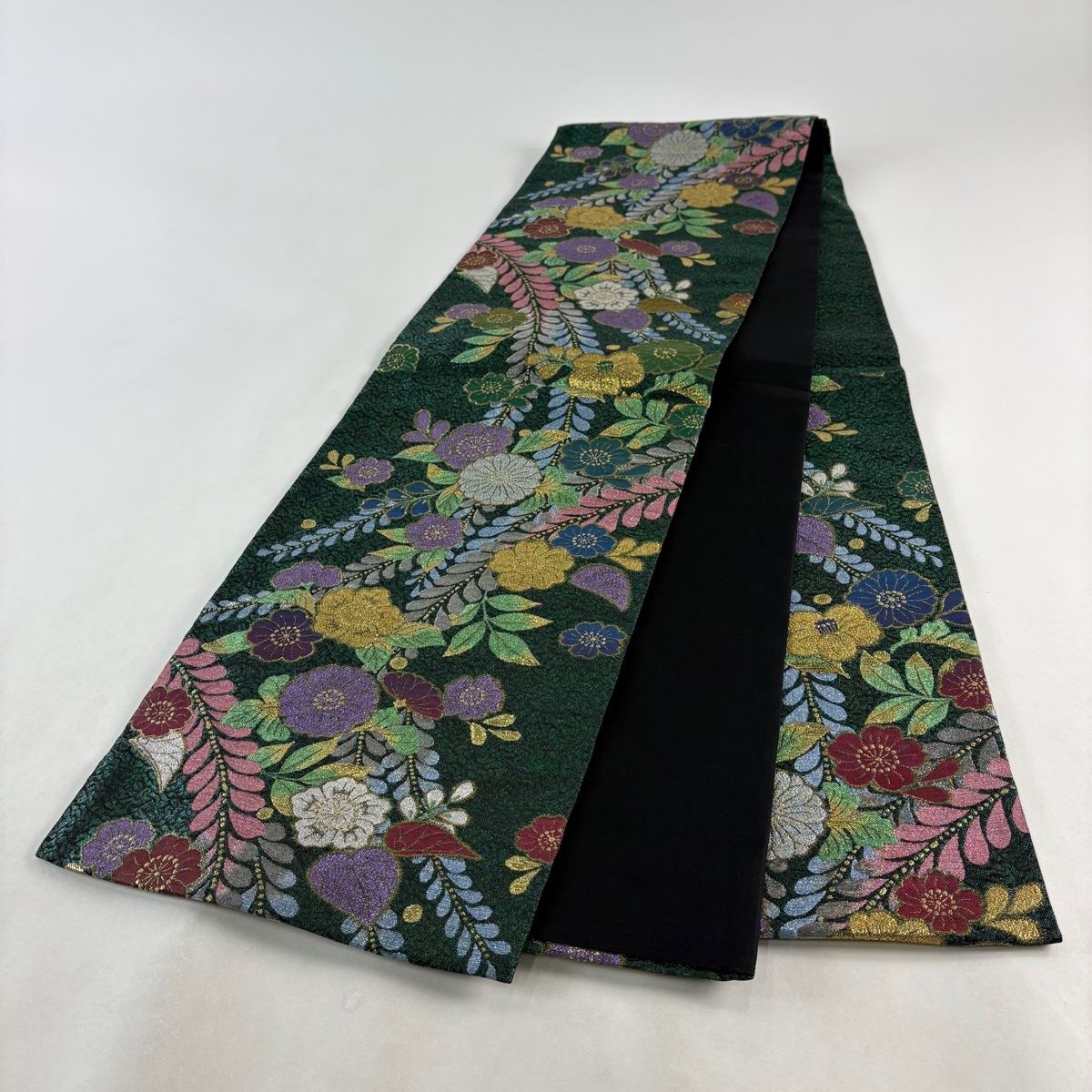 美品】 袋帯 秀品 辻が花柄 幾何学模様 金糸 箔 緑 六通 正絹 【中古