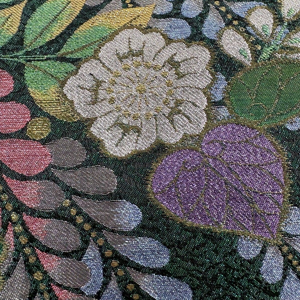 美品】 袋帯 秀品 辻が花柄 幾何学模様 金糸 箔 緑 六通 正絹 【中古
