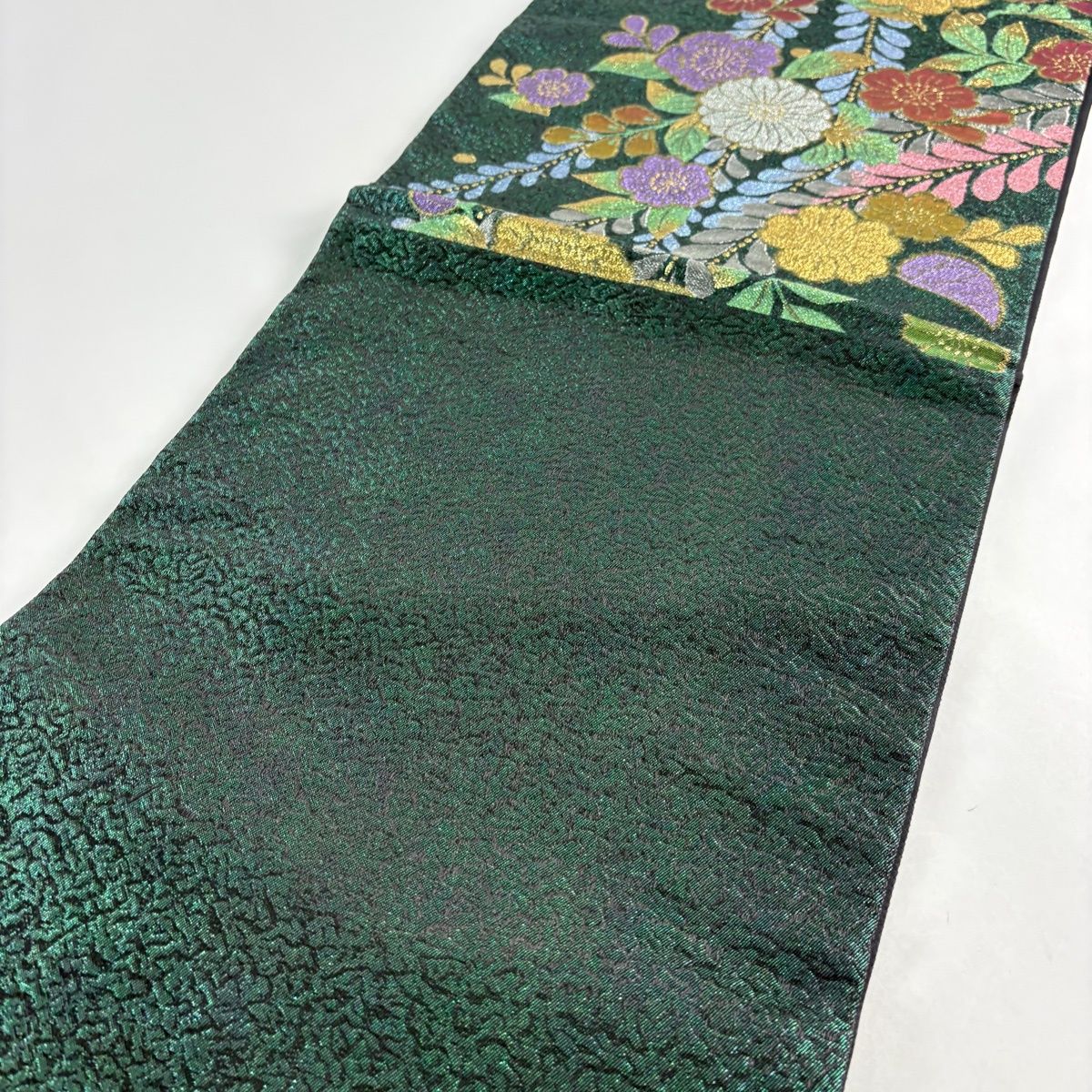 美品】 袋帯 秀品 辻が花柄 幾何学模様 金糸 箔 緑 六通 正絹 【中古