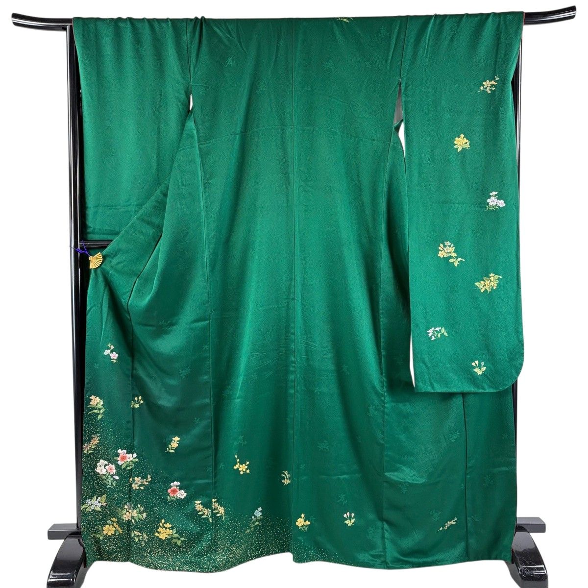 振袖 身丈161cm 裄丈66cm M 袷 草花 蝶 箔 金彩 緑 正絹 秀品