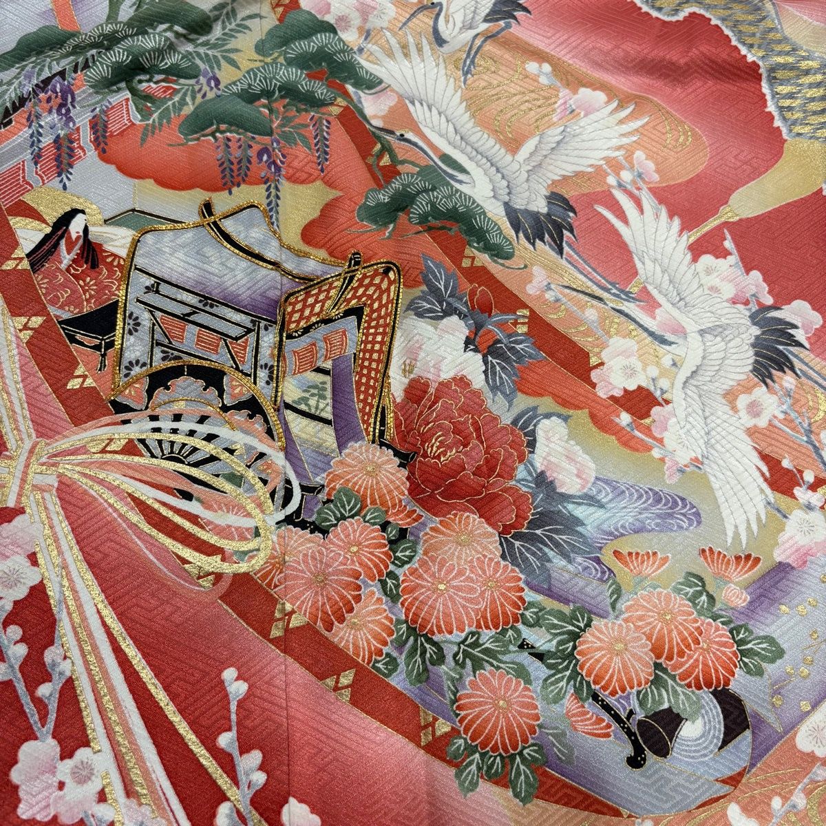 振袖 身丈160cm 裄丈65cm M 袷 几帳 鶴 金糸 金彩 朱色 正絹 秀品