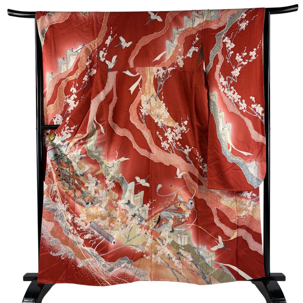 振袖 身丈160cm 裄丈65cm M 袷 几帳 鶴 金糸 金彩 朱色 正絹 秀品