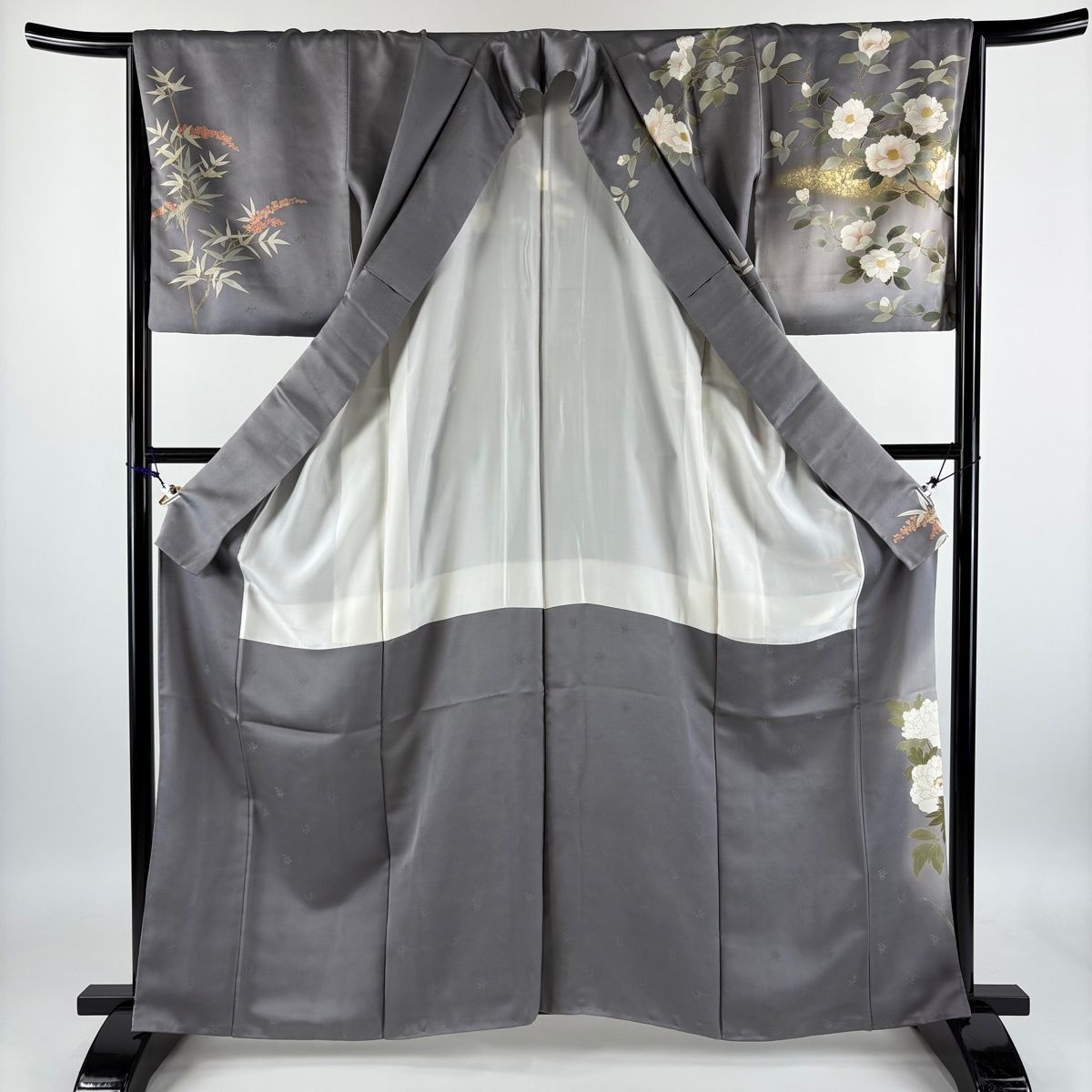 訪問着 身丈161.5cm 裄丈67cm M 袷 牡丹 菖蒲 金糸 金彩 灰色 正絹 秀