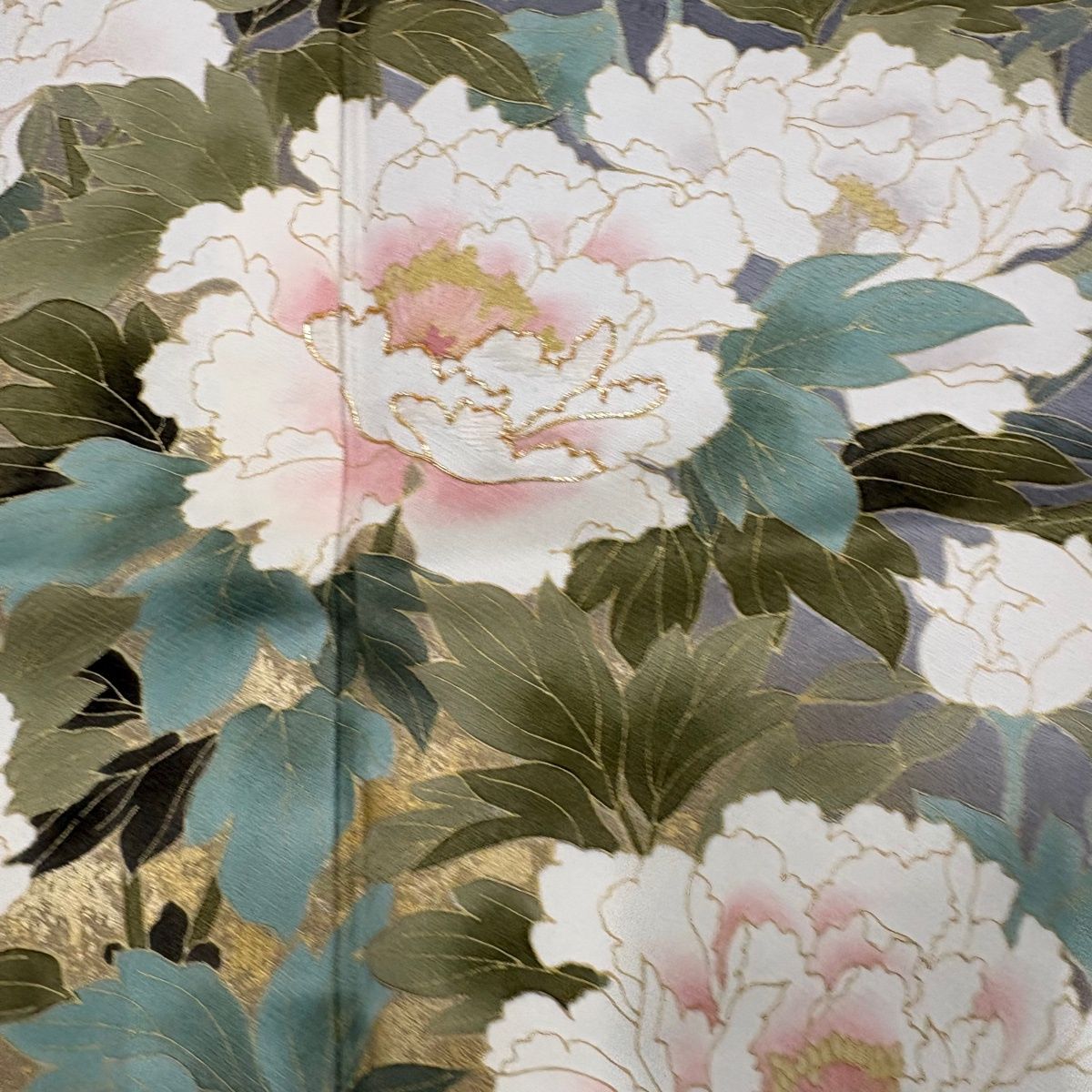 訪問着 身丈161.5cm 裄丈67cm M 袷 牡丹 菖蒲 金糸 金彩 灰色 正絹 秀