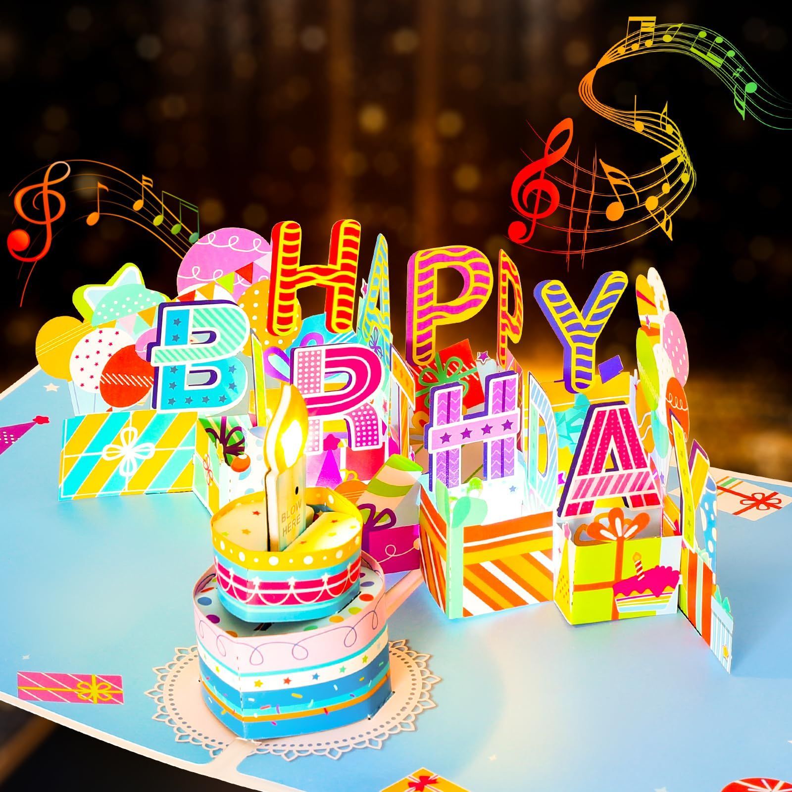 【人気商品】誕生日グリーティングカード 空白のノートカードと封筒付き 3Dミュージカルバースデーポップアップカード、ブローアウトLEDライトキャンドル&ミュージックハッピーバースデーカード 子供 夫 男性 ZOEDO 女性 お母さん用