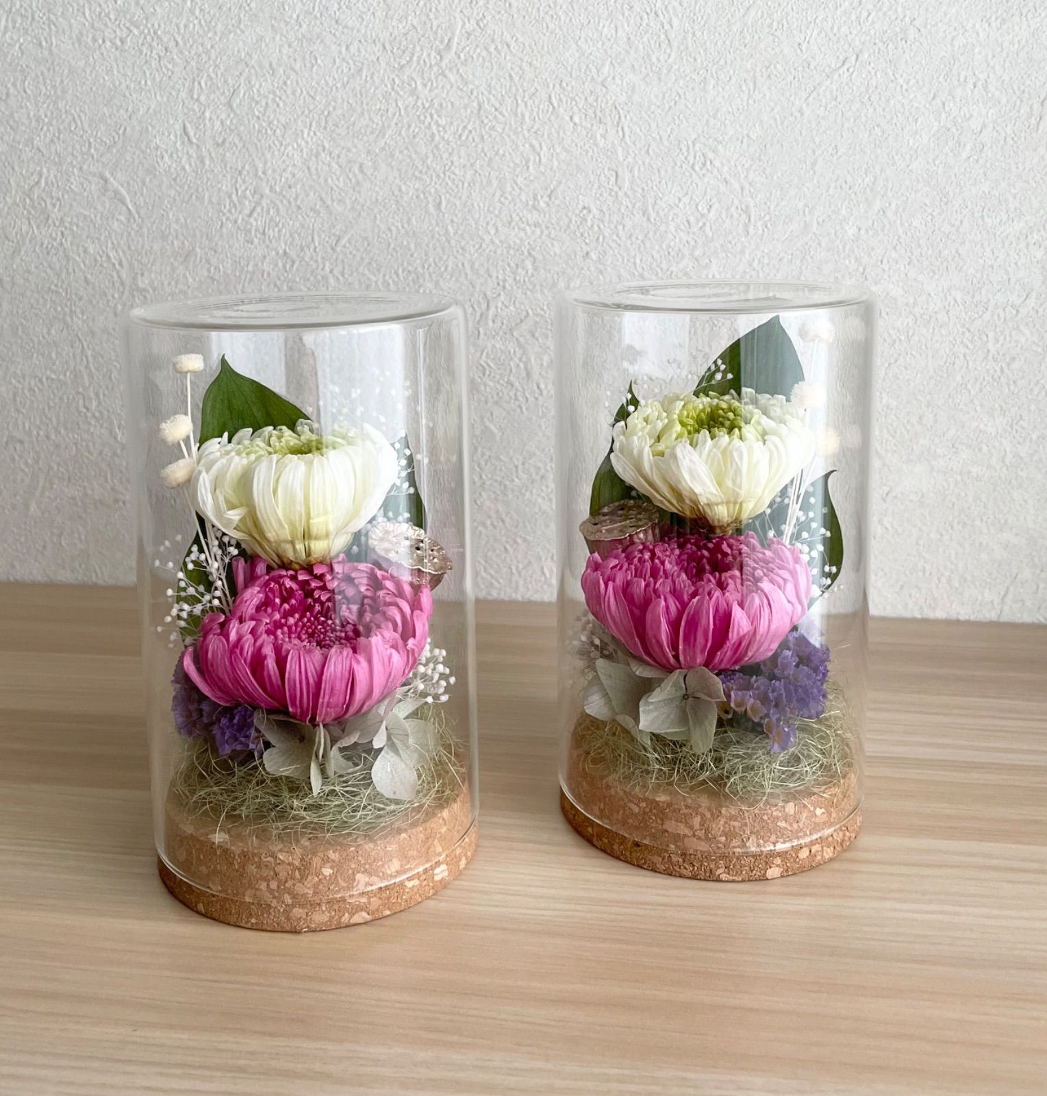 プリザーブドフラワー＊ 輪菊 ガラスケース対 蓮入＊仏花 供花 お盆