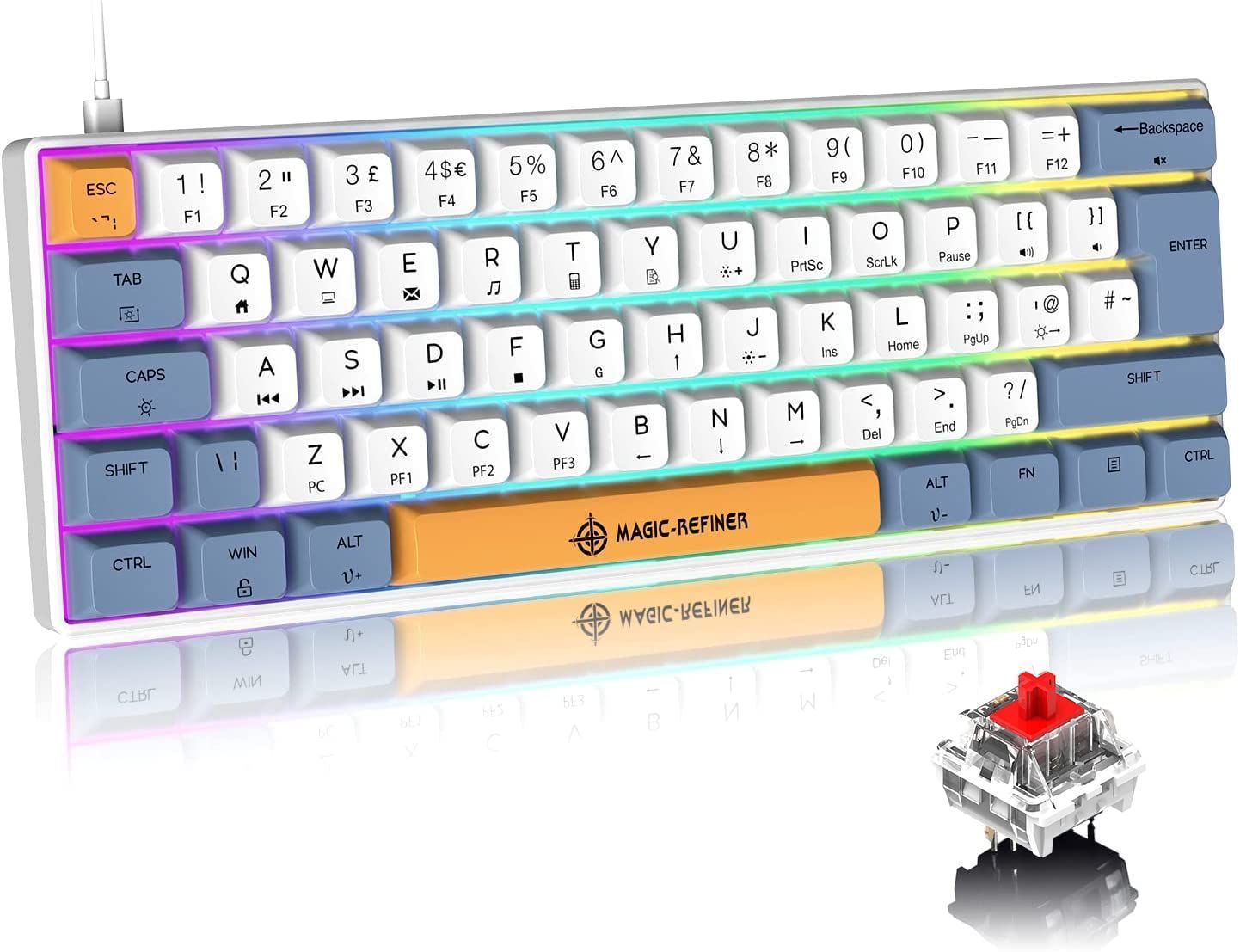 Gaming Keyboard, Numberless, RGB Backlight, Blue Axis, MacOS/Windows/iOS/Android Compatible, English Layout, 60% Compact, Wired, Type C, USB Connection, Waterproof, 19 Keys, Collision Proof, Mechanical Keyboard, Suitable for Games/Events, Working from Home, Japan