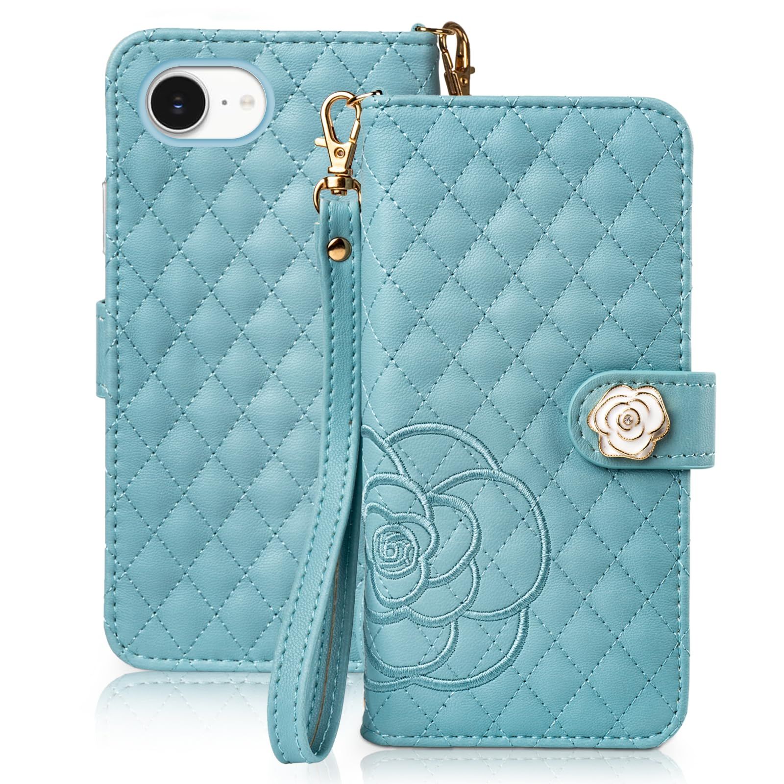新品 SZJAMIE iPhone 16e ケース 手帳型 スマホケース 薔薇と山茶花刺繍 アイフォン16e 手帳型ケース 花柄 おしゃれ 可愛い 女性向け 手触り柔らかい 耐衝撃 スタンド カード収納 財布型 全面保護 ストラップホール＆ハンドストラップ付き