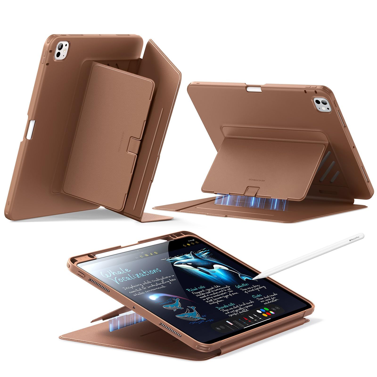 新品 ESR iPad Pro 13インチ ケース（M5/M4、2025/2024）対応 ペン収納 耐衝撃 縦横スタンド 自動ウェイク/スリープ Pencil Pro/USB-C対応 マルチアングルケース Flipシリーズ ブラウン