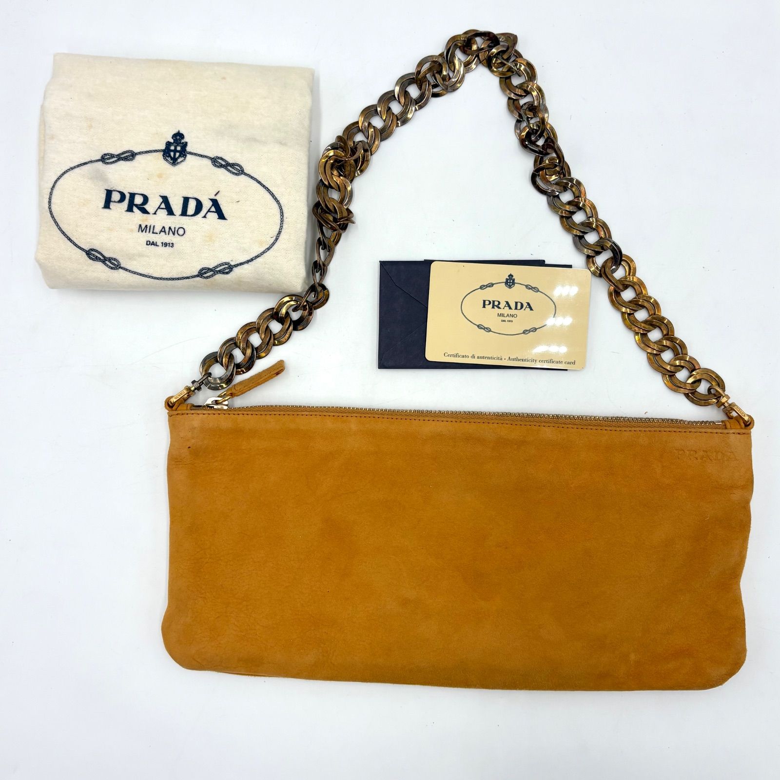 Auth PRADA Y2K CAMOSCIO EASY Logo Suede Chain Shoulder Bag Beige BR0134 プラダ チェーン ショルダーバッグ 2Y7798