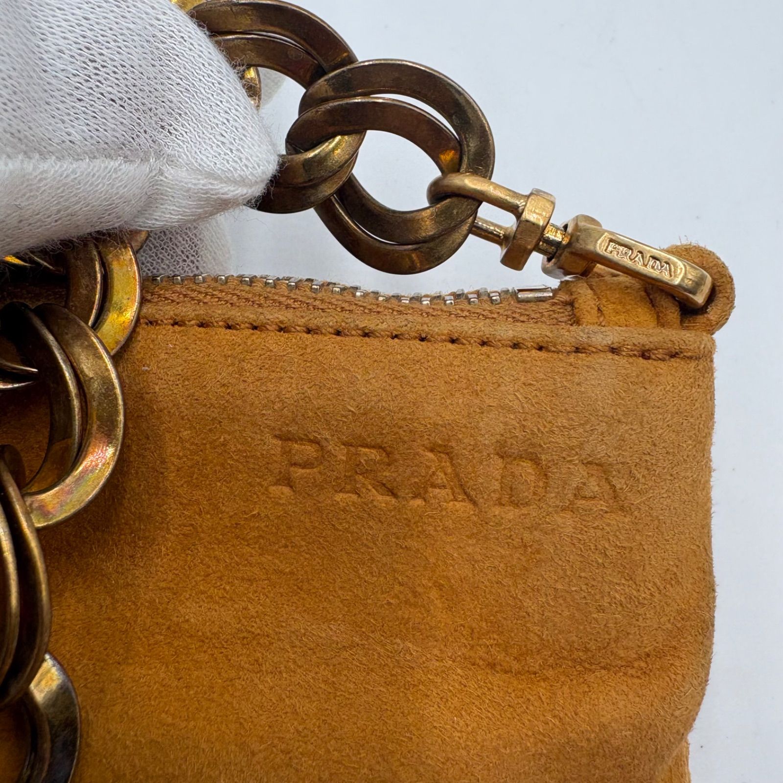Auth PRADA Y2K CAMOSCIO EASY Logo Suede Chain Shoulder Bag Beige