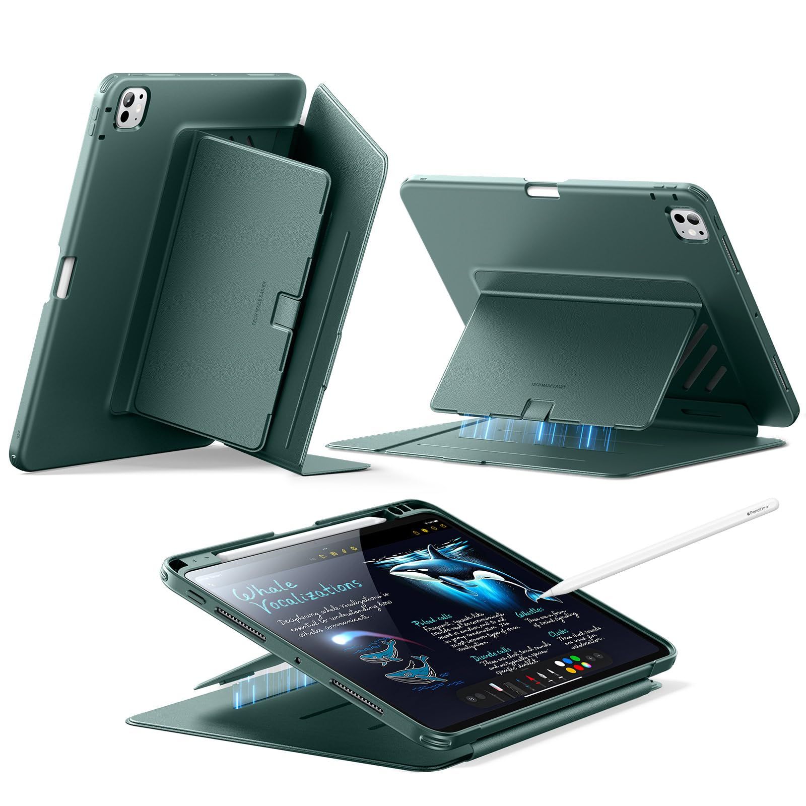 新品 ESR iPad Pro 11インチ ケース（M5/M4、2025/2024）対応 ペン収納 耐衝撃 縦横スタンド 自動ウェイク/スリープ Pencil Pro/USB-C対応 マルチアングルケース Flipシリーズ グリーン