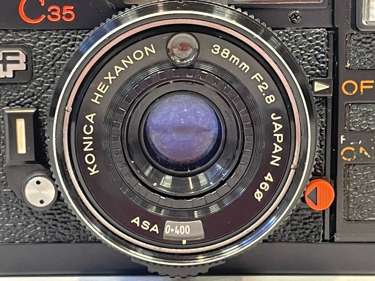 コニカC35キャメル革仕様／ヘキサノン38mmf2.8【実写確認済整備品】 塩】KONICA コニカ C35 EF HEXANON 38mm F2.8 フィルムカメラ 簡易動作