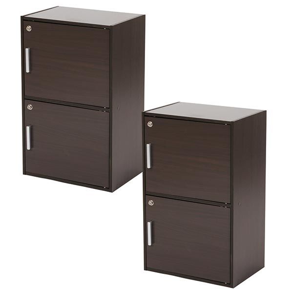 [2個セット]鍵付き 収納棚 2段 ボックス A4対応 ラック 収納ボックス 収納ラック 収納家具 扉付き カラーボックス リビング 寝室 ゼウス ブラウン[離島配送不可]