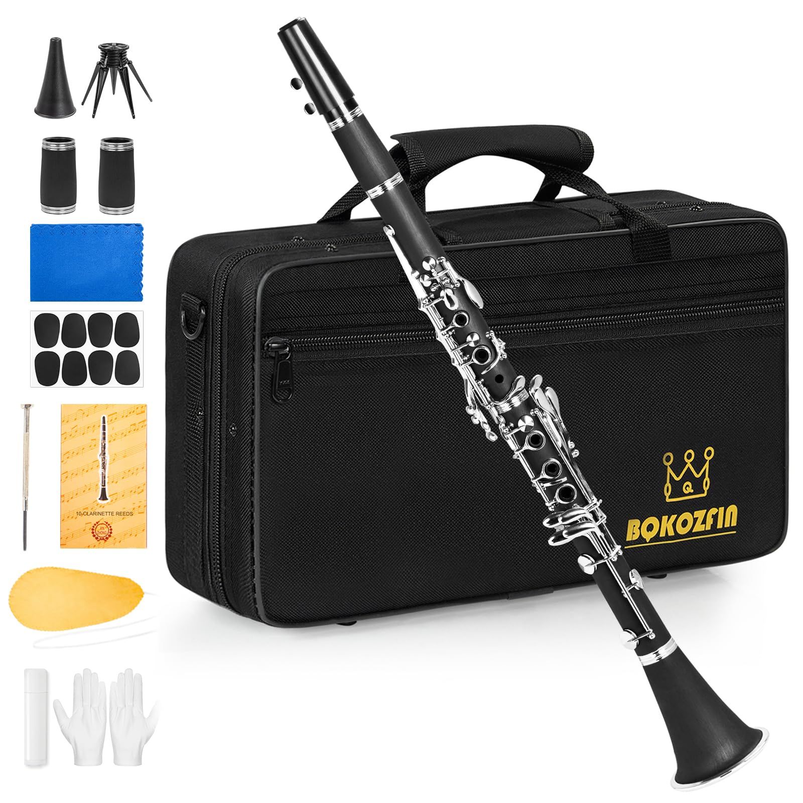 新品 クラリネット Clarinet B♭調 ニッケルメッキ 17 キー ABS樹脂管体 初心者向け 管楽器セット 手入れが簡単 （F-300 演奏用）