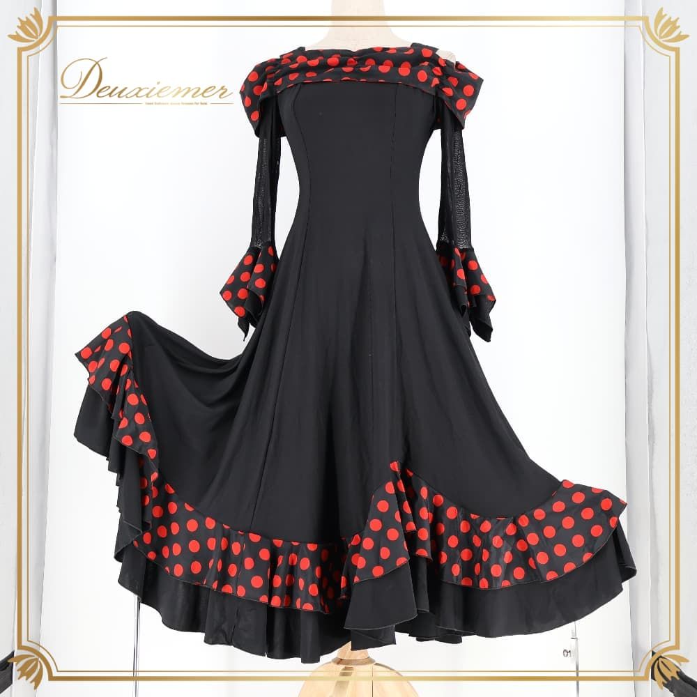 フラメンコ 衣装 prima boutique プリマブティック ドレス ワンピース ブラック系 ボランテ フリル 黒 赤 水玉 ドット かわいい 伸縮 ストレッチ 華やか ダンス衣装 イベント ステージ おしゃれ ドット柄 レッド系