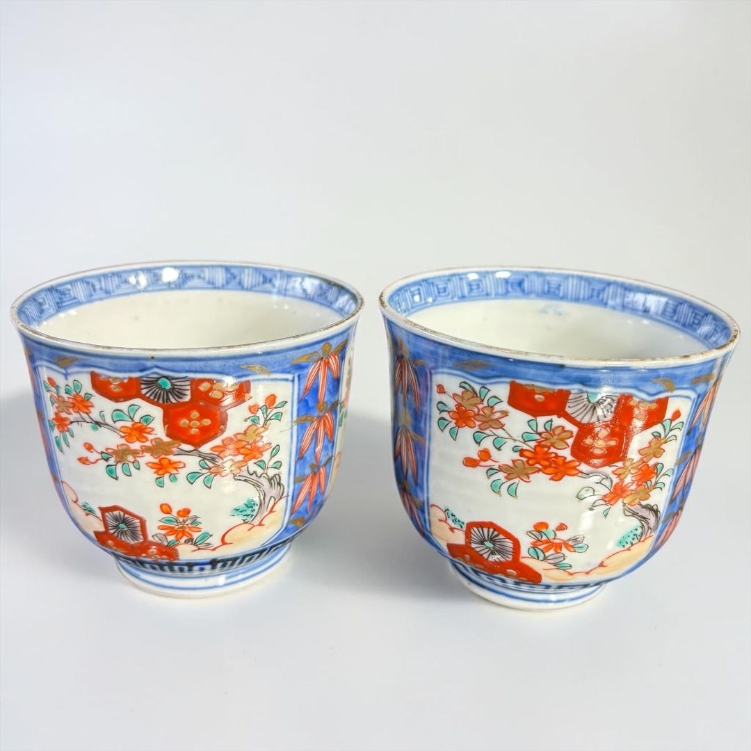 無傷完品　古伊万里　金彩赤絵　覗き　猪口　江戸時代　唐草　アンティーク　骨董 赤と花◇伊万里 染錦金彩覗き猪口 酒器 骨董品・antiques 暮らしに
