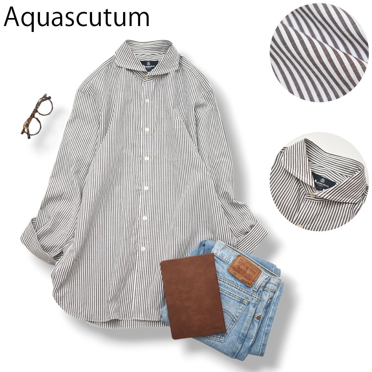 極美品】 日本製 アクアスキュータム Aquascutum 長袖 ストライプ柄 