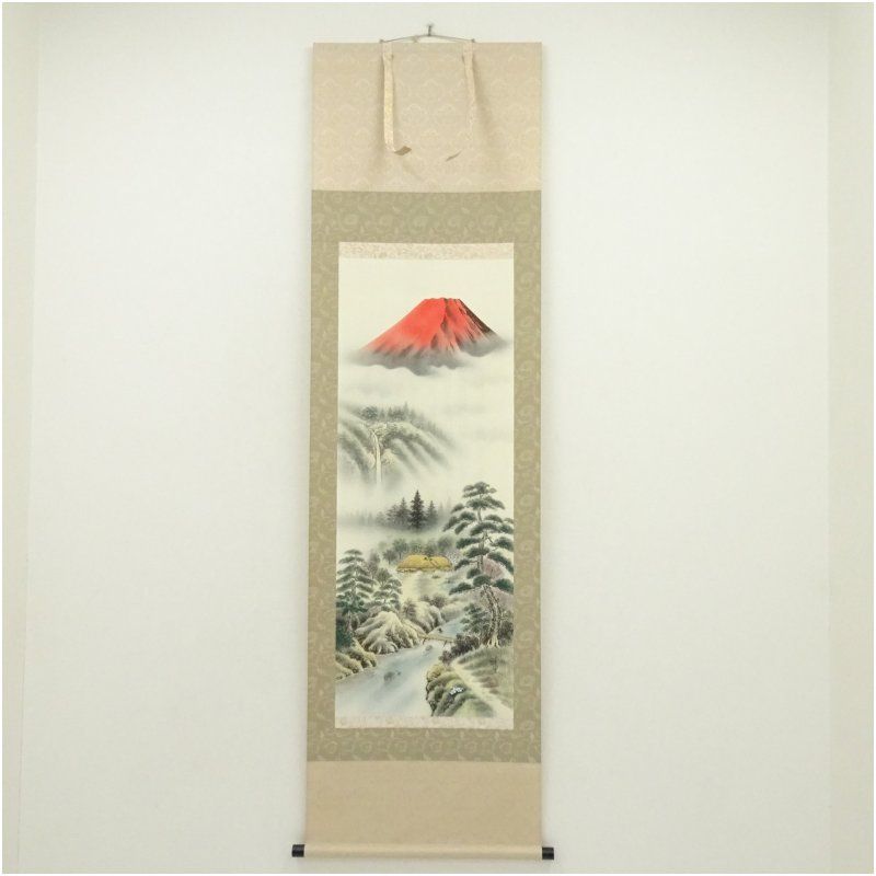 美品 軸 おもてなし 絵 ラピュタ 富士 山水 水墨 茶 中国 美術 インテリア 千里筆 赤富士 彩色山水 肉筆絹本掛軸（保護箱） 掛け軸 床の間 書