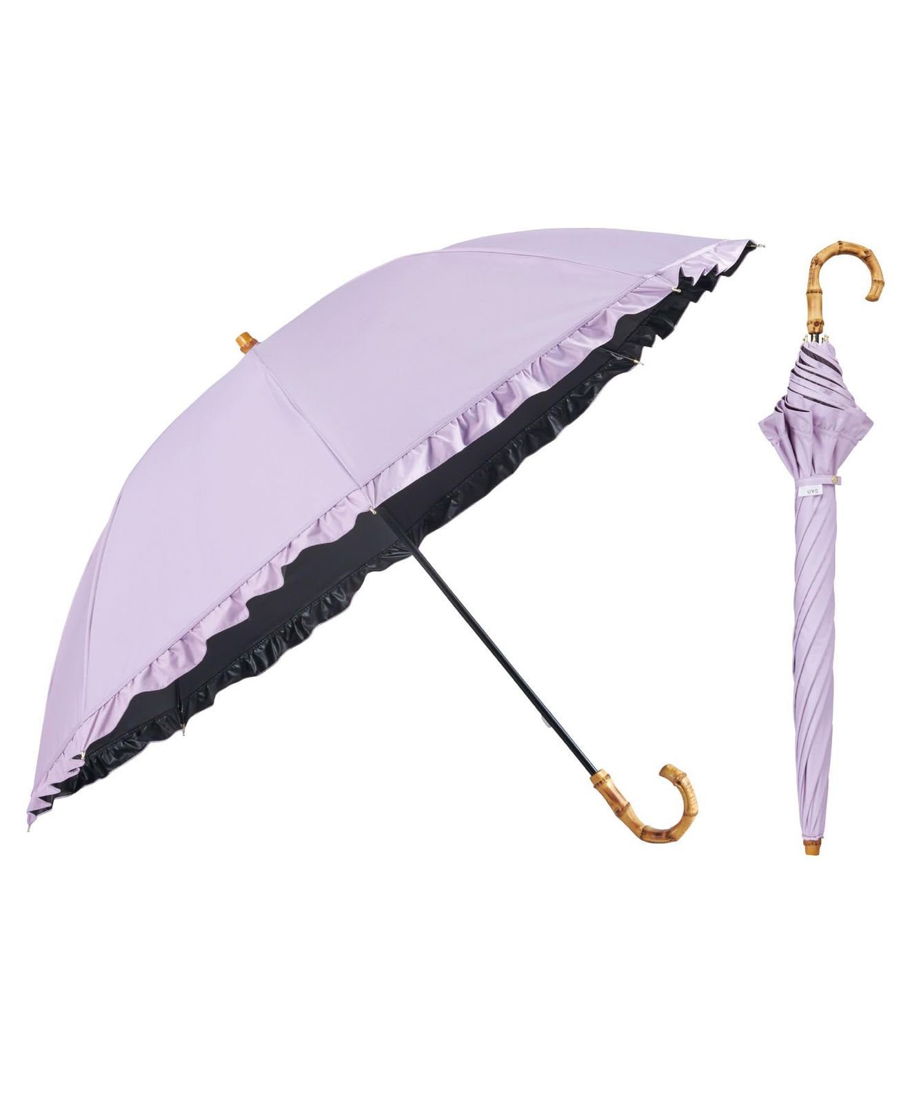 新品 【2026】最強の日傘 UVO(ウーボ) 60cm フリル ラベンダー(限定色) ≪遮熱/遮光率100%/UVカット率100%/UPF50＋/晴雨兼用≫ 長傘 親骨60cm 大きい レディース バンブー Wpc おしゃれ 可愛い UV101FRL60C6
