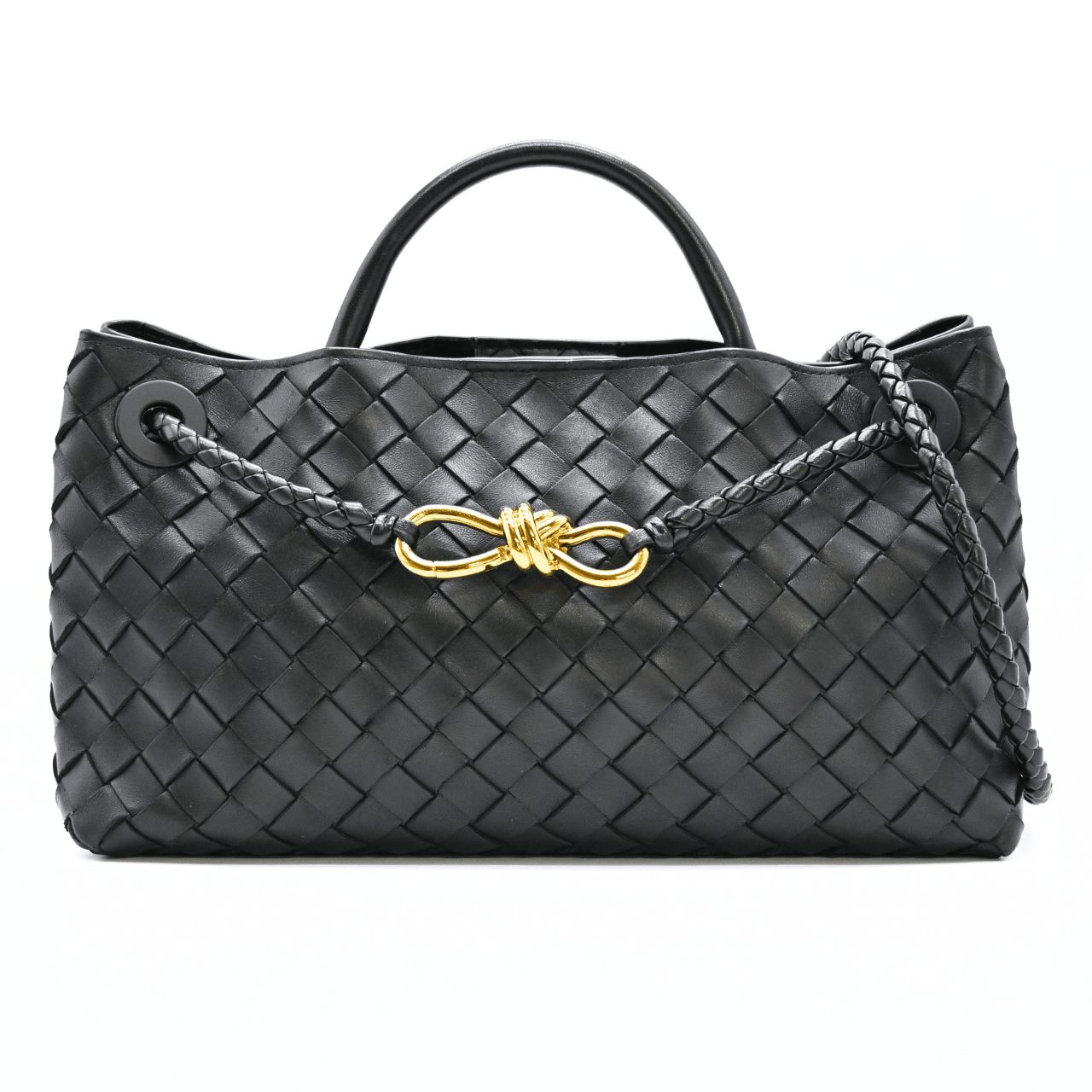 Bottega Veneta ボッテガヴェネタ イーストウエスト イントレチャート アンディアーモ レザー 2WAYハンドバッグ 黒 ブラック ゴールド 金具 (27199)