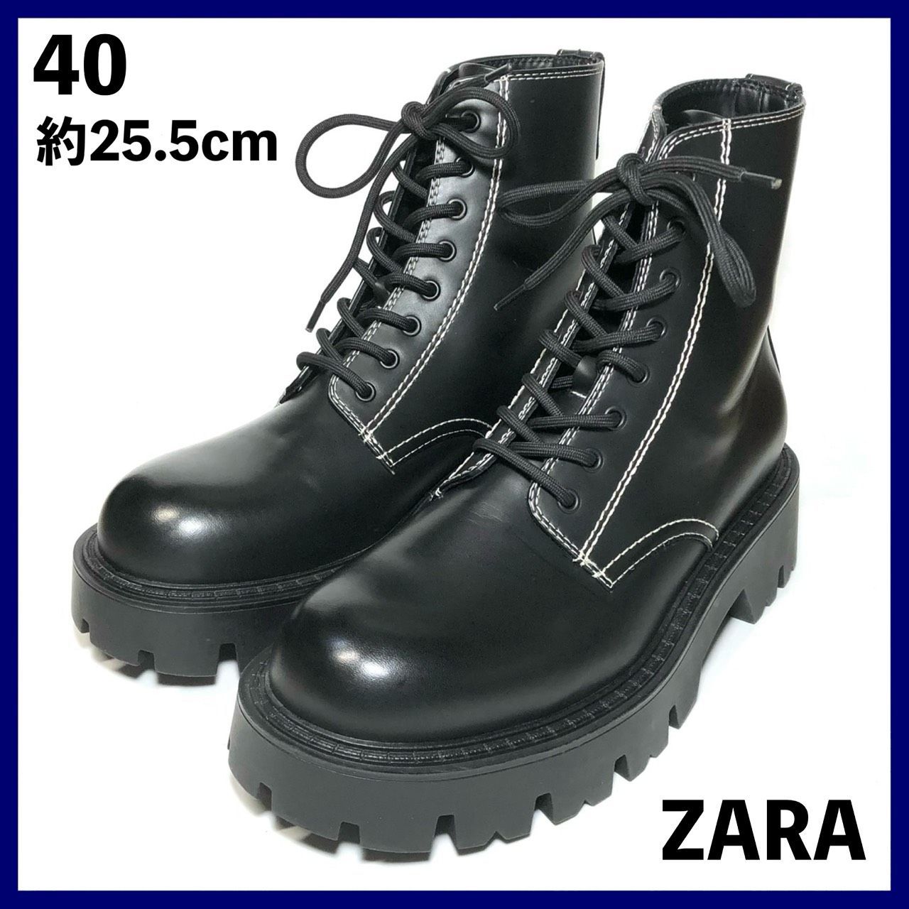ZARA ザラ レースアップ ジップブーツ ブラック メンズ サイズ40 ZARA レースアップブーツ 40 ブラック 黒 厚底 ザラ ヒール5cm メンズ