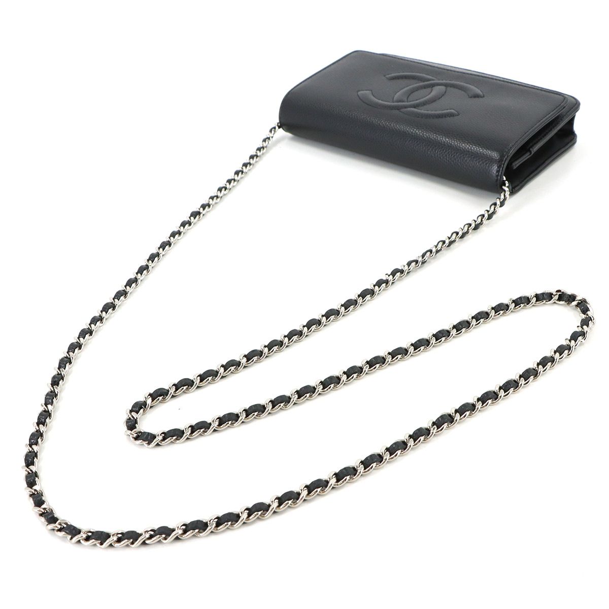 新品同様 シャネル CHANEL キャビアスキン チェーン ウォレット 長財布 レザー ブラック A48654 ココマーク シルバー 金具 90318871 CHANEL キャビアスキン チェーン ウォレット 長財布 レザー ブラック