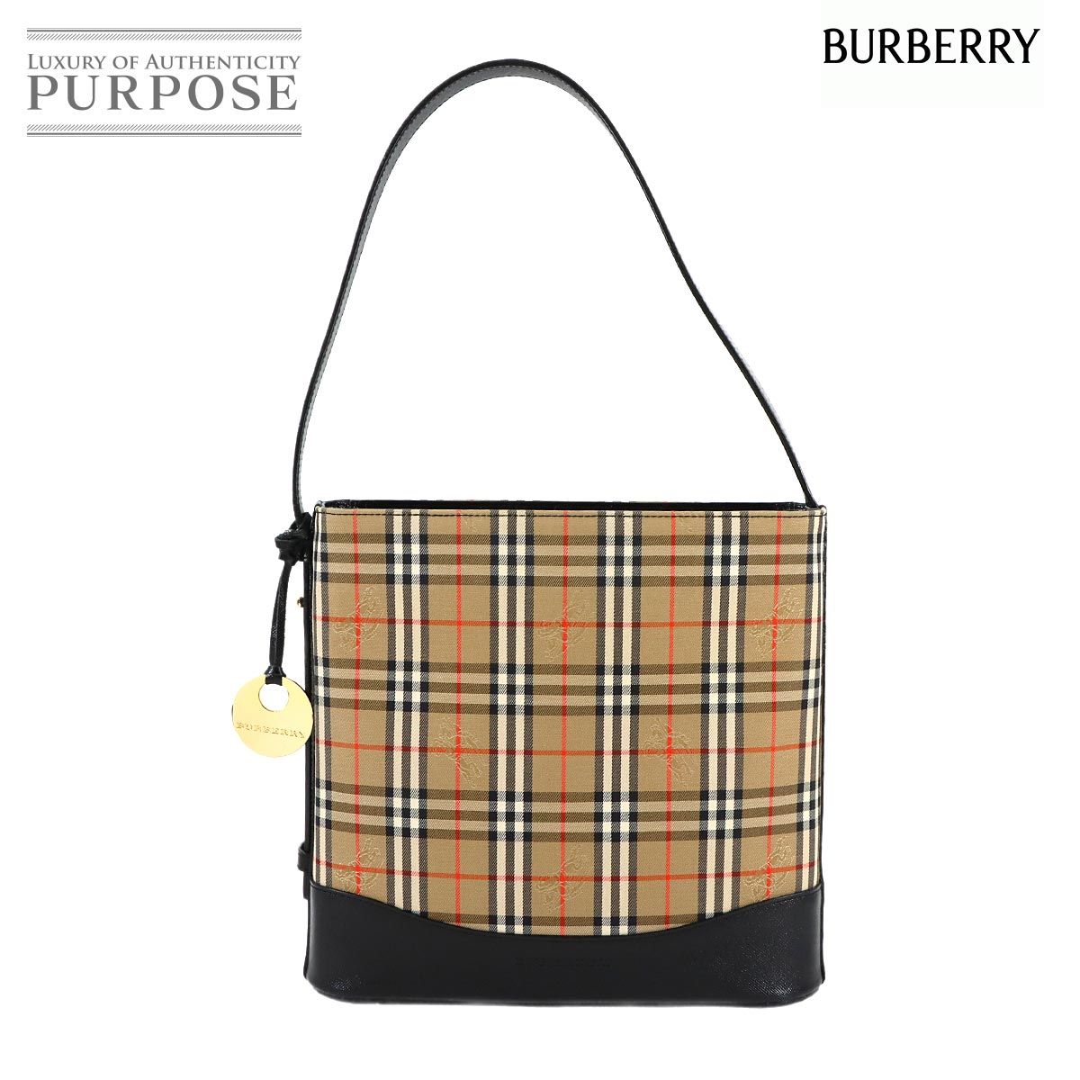 新品同様 バーバリー BURBERRY ヘイマーケットチェック ショルダー バッグ キャンバス レザー ベージュ ブラック Shoulder Bag 90319961 BURBERRY - 新品同様 バーバリー BURBERRY ヘイマーケットチェック