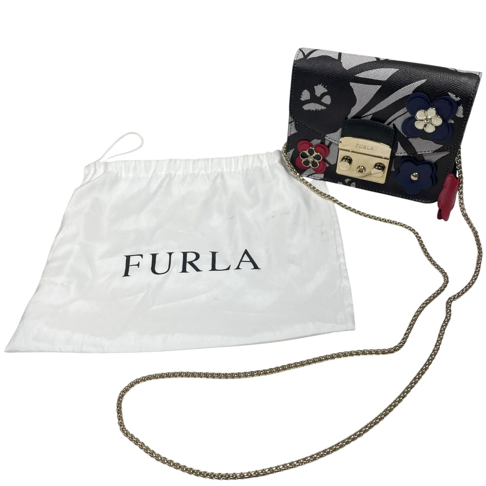 新品 FURLA メトロポリス ショルダーバッグ 花柄 黒 チェーン 【公式通販】