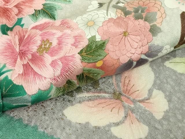 平和屋着物●極上　英王室献上友禅作家　木下勝功　訪問着　刺繍　舞桜鴛鴦　四季花蝶文　金彩　逸品　DZAB5885kh6 平和屋着物○極上 英王室献上友禅作家 木下勝功 訪問着 刺繍 舞桜鴛鴦