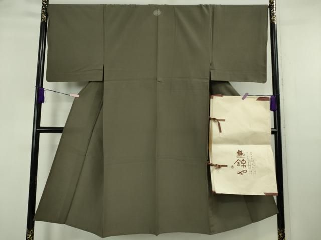 平和屋着物▽極上　男性　日本橋人形町　創業70年　錦や　色紋付　単衣　お召地　色無地　藍媚茶色　たとう紙付き　逸品　DZAB5946kh6