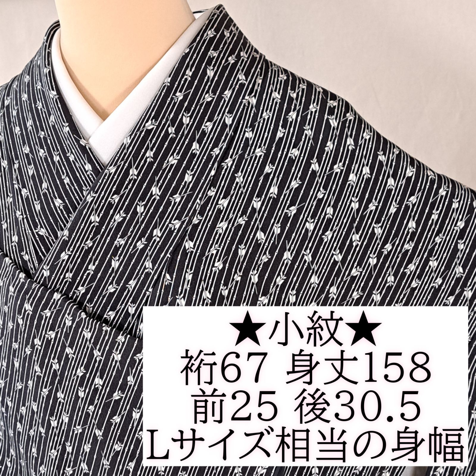 【小紋】裄67 身丈158 袖48.5　Lサイズ相当の身幅　正絹　袷　黒地に矢羽根と竹　り10M01