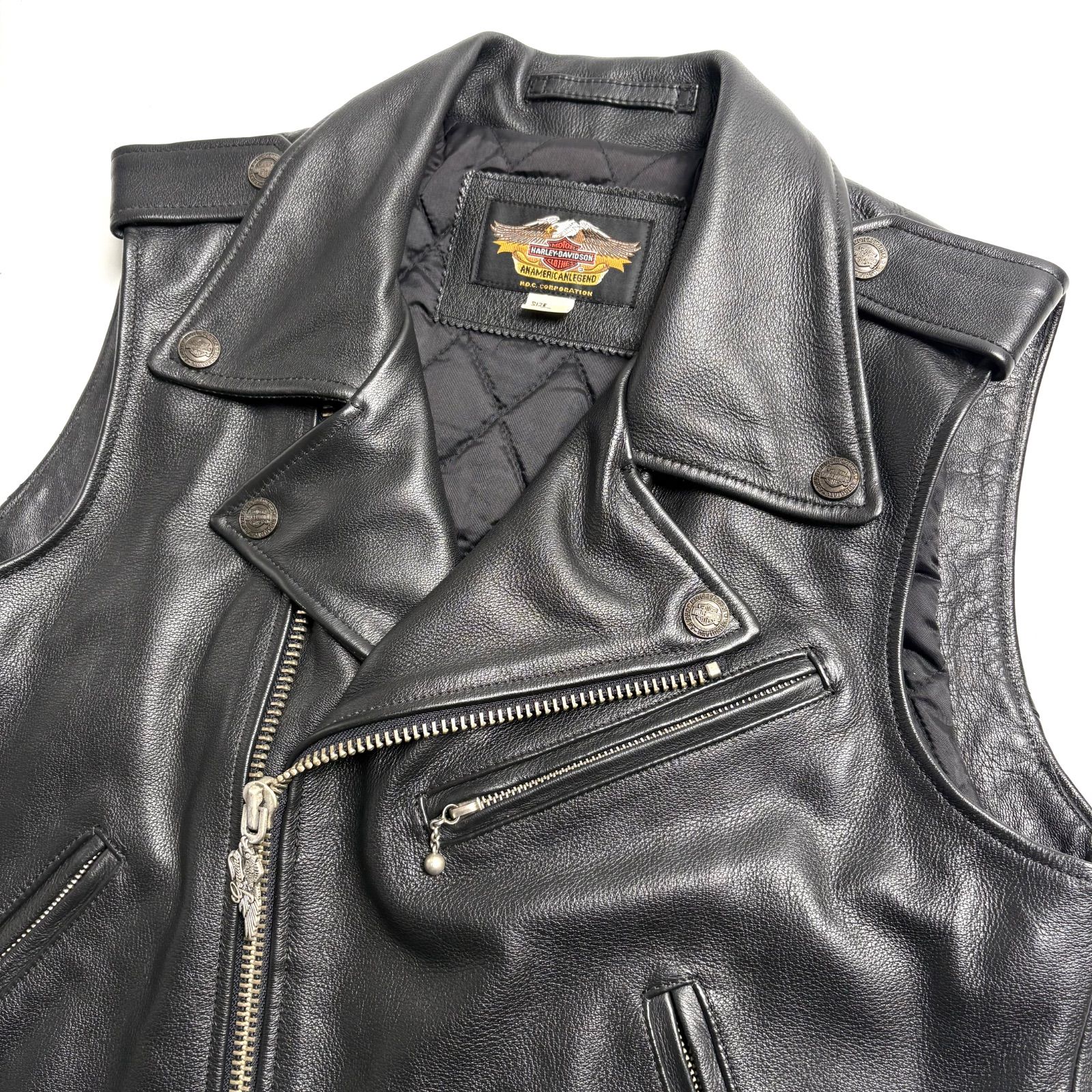 牛革】HARLEY-DAVIDSON レザー ライダースベスト 黒 L 本革 ダブル 