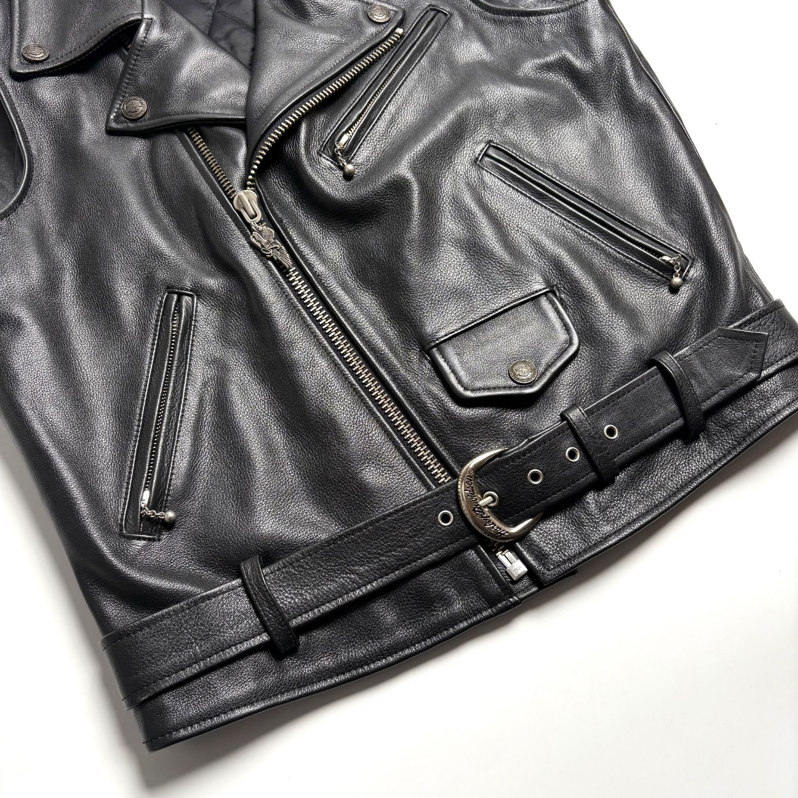 牛革】HARLEY-DAVIDSON レザー ライダースベスト 黒 L 本革 ダブル 