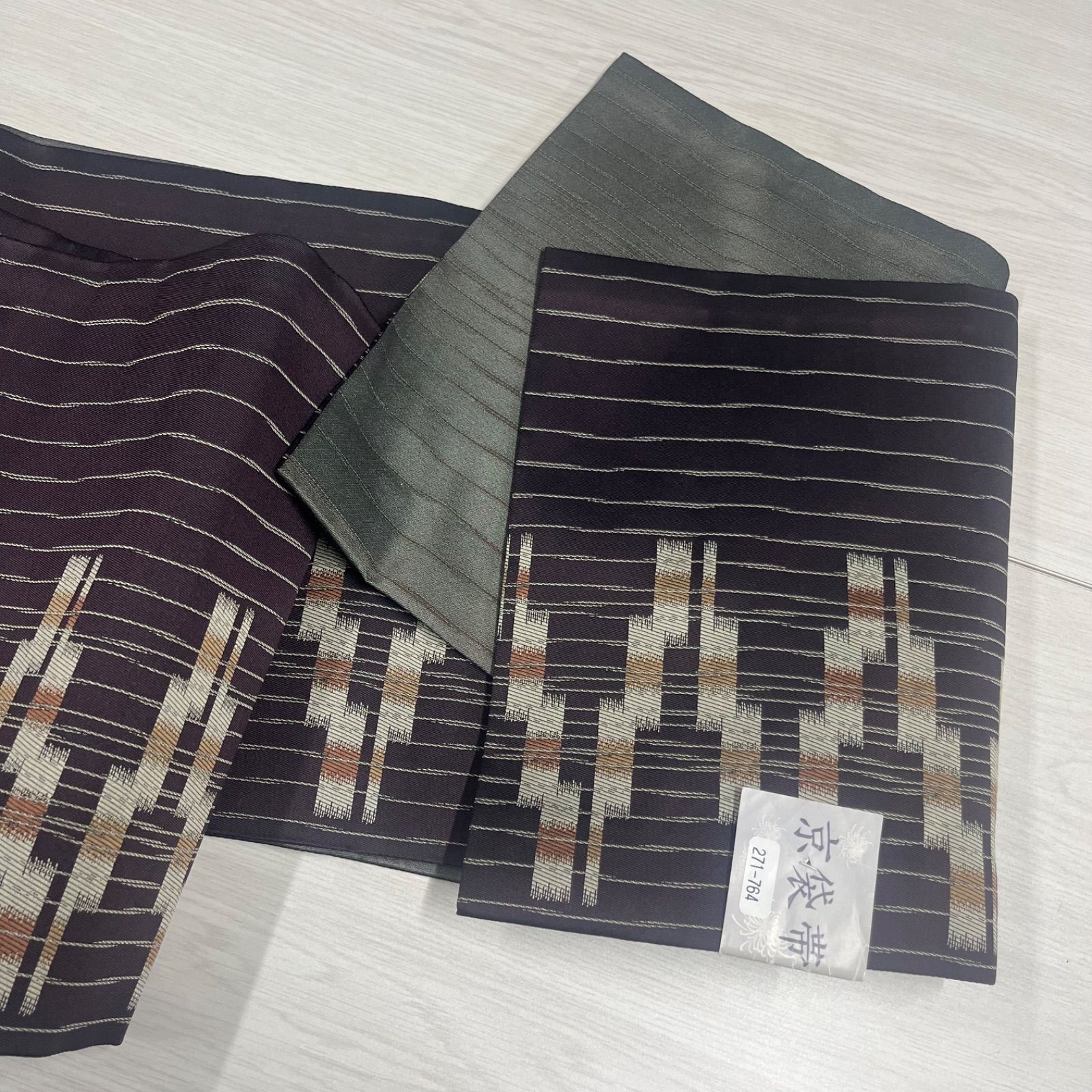 新品未使用品】 美品 匿名配送 京袋帯 名古屋帯 日本製 合繊帯 帯 縞 